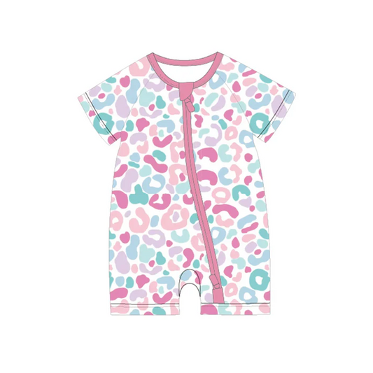 5.7 Preorder moq 5 Baby Girls Short Sleeves Colorful Leopard Zipper Rompers