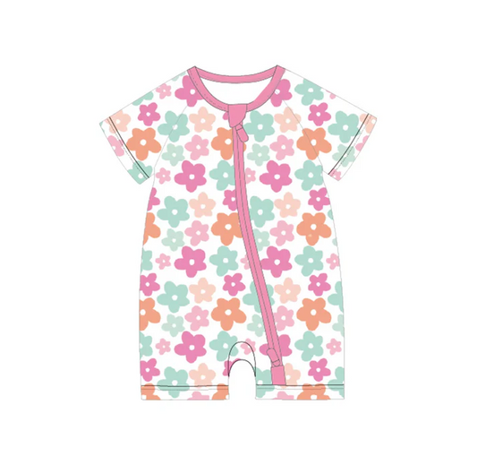 5.7 Preorder moq 5 Baby Girls Short Sleeves Colorful Flowers Zipper Rompers