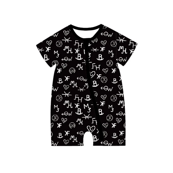5.7 Preorder moq 5 Baby Boys Black Short Sleeves Letter Zipper Rompers