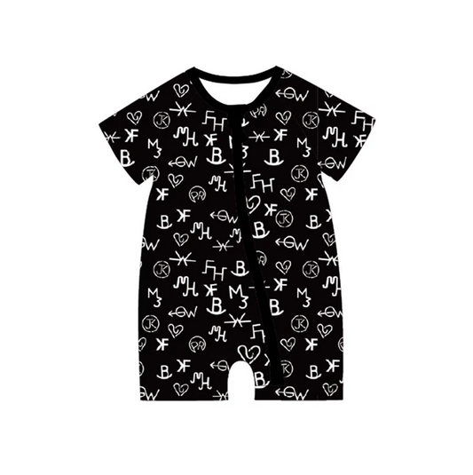 5.7 Preorder moq 5 Baby Boys Black Short Sleeves Letter Zipper Rompers