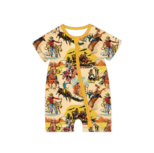 5.7 Preorder moq 5 Baby Boys Short Sleeves Horse Rodeos Zipper Rompers