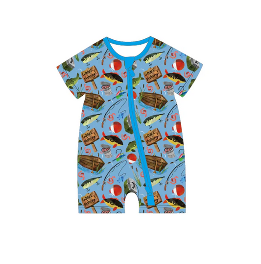 5.7 Preorder moq 5 Baby Boys Blue Short Sleeves Fishing Zipper Rompers