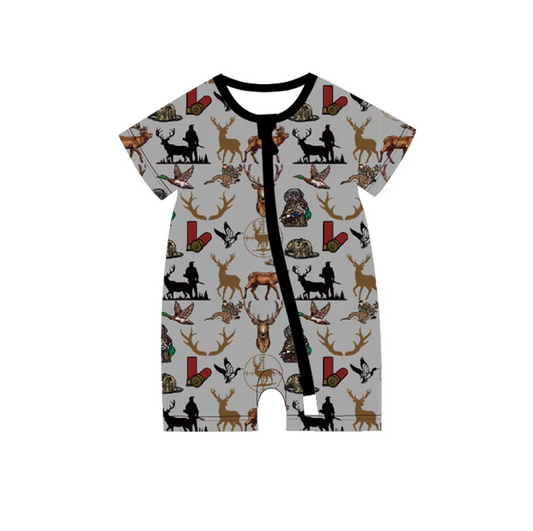 5.7 Preorder moq 5 Baby Boys Gray Short Sleeves Deer Ducks Hunting Zipper Rompers