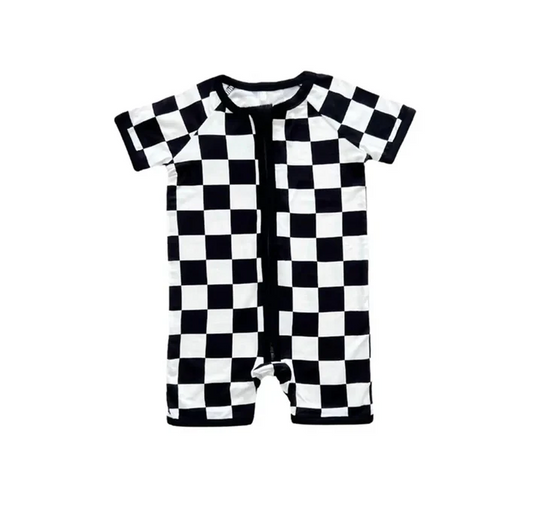 5.7 Preorder moq 5 Baby Boys Short Sleeves Black White Plaid Zipper Rompers