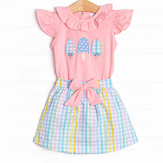 5.7 Preorder moq 5 Baby Girls Pink Flutter Sleeves Popsicle Tunic Plaid Skirts Set