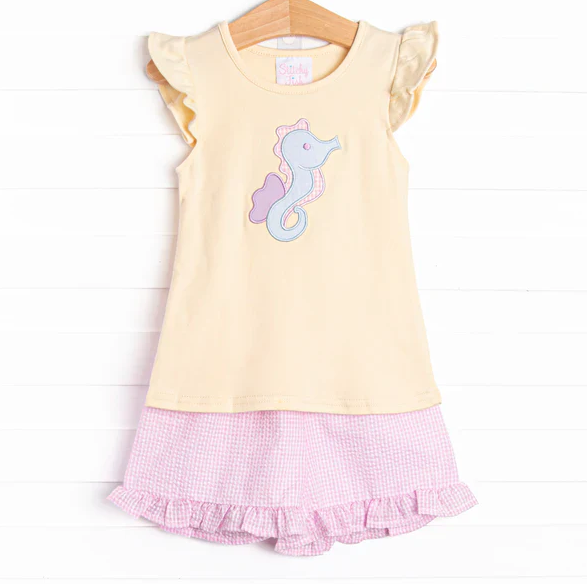 5.7 Preorder moq 5 Baby Girls Peach Flutter Sleeves Sea Horse Tunic Pink Ruffle Short Set
