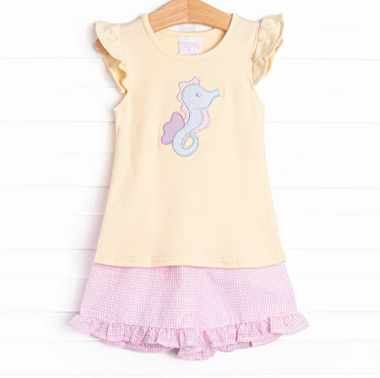 5.7 Preorder moq 5 Baby Girls Peach Flutter Sleeves Sea Horse Tunic Pink Ruffle Short Set