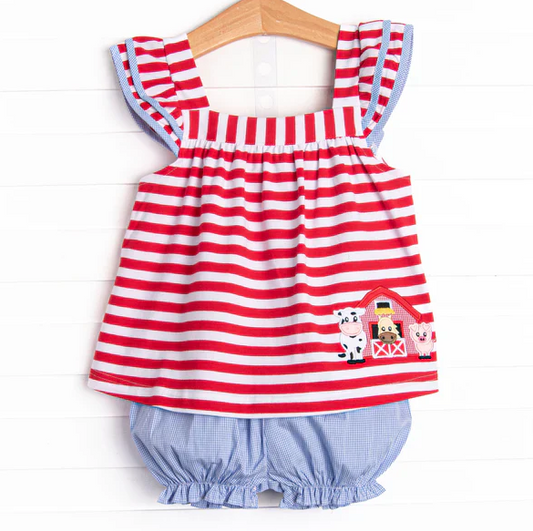 5.7 Preorder moq 5 Baby Girls Red Stripe Flutter Sleeves Cows House Tunic Blue Ruffle Short Farm Set