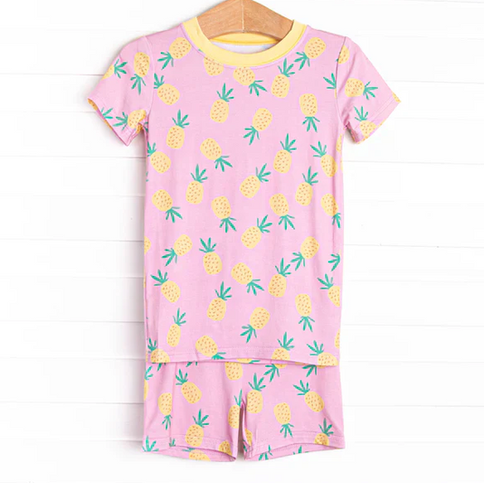 5.7 Preorder moq 5 Baby Girls Pink Short Sleeves Pineapple Top Short Pajamas Set