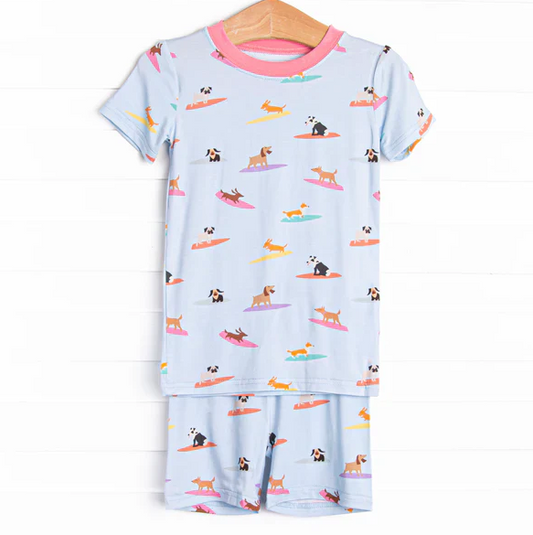 5.7 Preorder moq 5 Baby Girls Pink Short Sleeves Dogs Skiing Top Short Pajamas Set