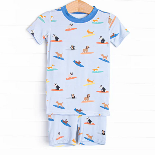 5.7 Preorder moq 5 Baby Boys Blue Short Sleeves Dogs Skiing Top Short Pajamas Set