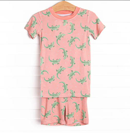5.7 Preorder moq 5 Baby Girls Peach Short Sleeves Crocodiles Top Short Pajamas Set