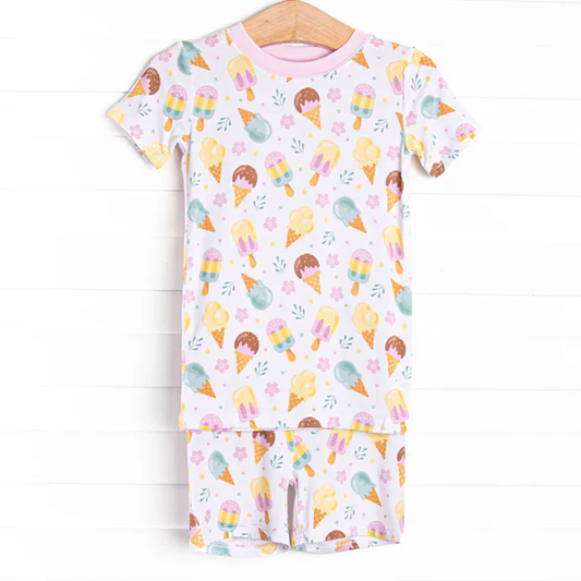 5.7 Preorder moq 5 Baby Girls Short Sleeves Flowers Ice Cream Top Short Pajamas Set