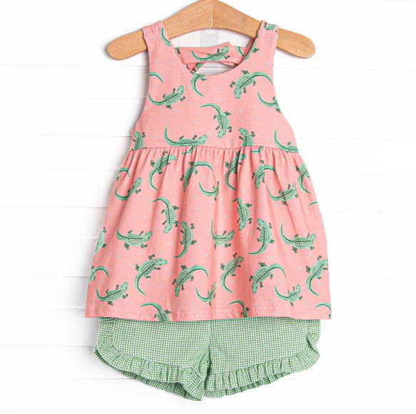 5.7 Preorder moq 5 Baby Girls Peach Sleeveless Crocodiles Tunic Green Ruffle Short Set