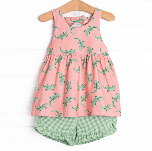5.7 Preorder moq 5 Baby Girls Peach Sleeveless Crocodiles Tunic Green Ruffle Short Set