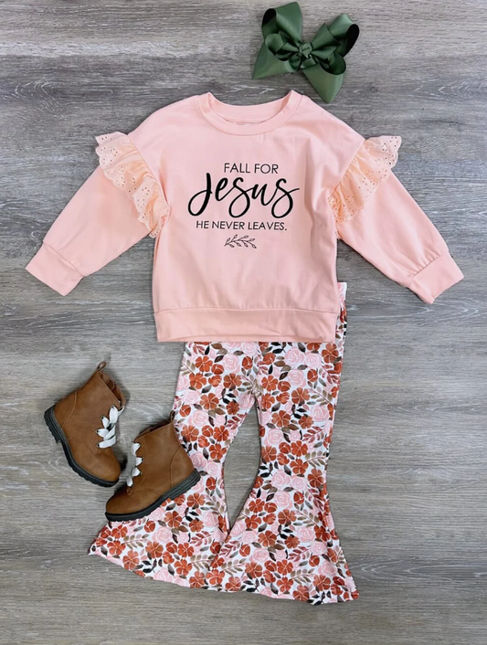 5.8 Fall For Jesus He Never Leaves Girls Outfit Preorder 5 MOQ