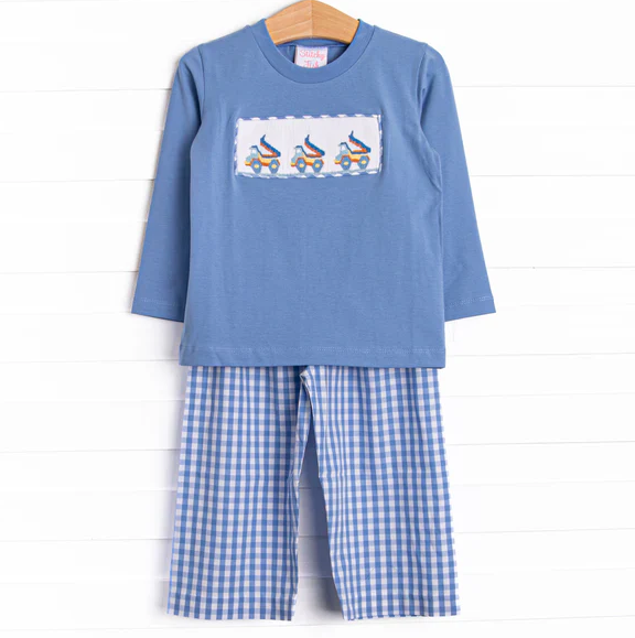 5.8 Baby Boys Construction Top Blue Gingham Pants Set  (MOQ 5)