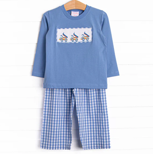5.8 Baby Boys Construction Top Blue Gingham Pants Set  (MOQ 5)