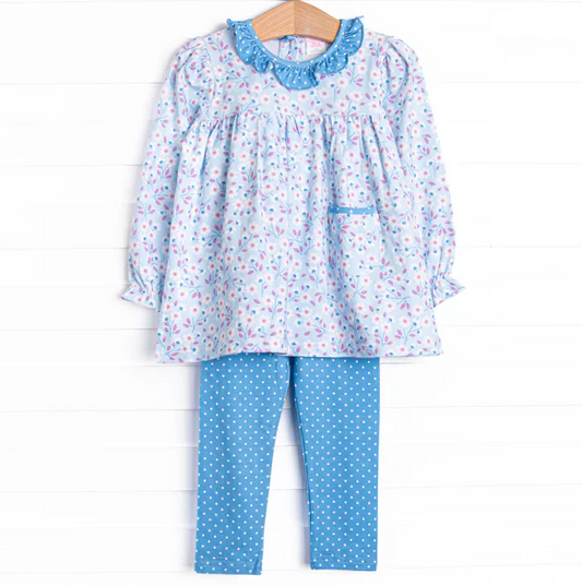 5.8 MOQ 5 Baby Girls Floral Long Sleeve Tunic Top Blue Dot Leggings Set