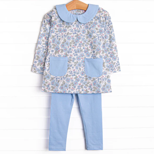 5.8 MOQ 5 Baby Girls Floral Long Sleeve Tunic Top Blue Leggings Set