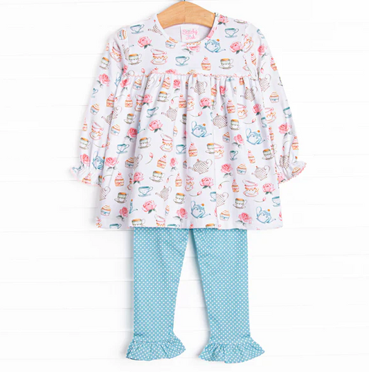 5.8 MOQ 5 Baby Girls Long Sleeves Cakes Tunic Blue Ruffle pants Set Preorder