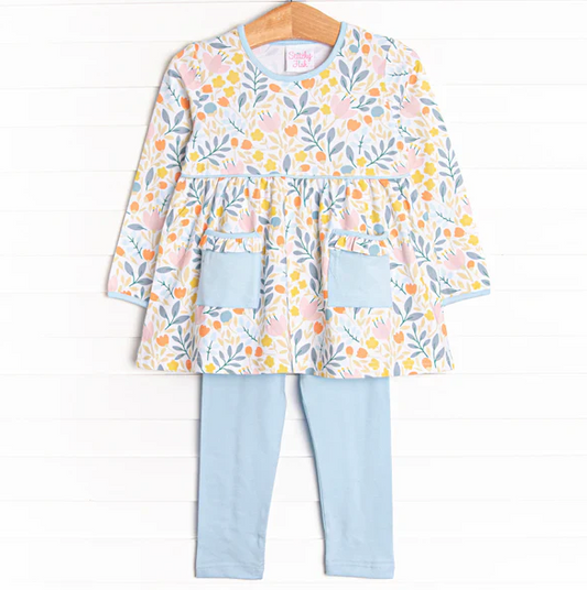 5.8 MOQ 5 Baby Girls Long Sleeves Yellow Floral Blue Pockets Tunic Legging Set