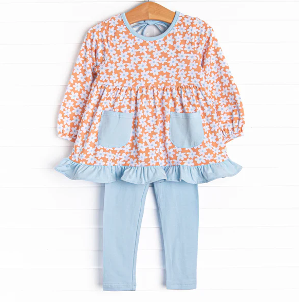 5.8 MOQ 5 Baby Girls Long Sleeves Floral Blue Pockets Tunic Legging Pants Set