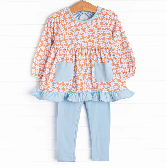 5.8 MOQ 5 Baby Girls Long Sleeves Floral Blue Pockets Tunic Legging Pants Set