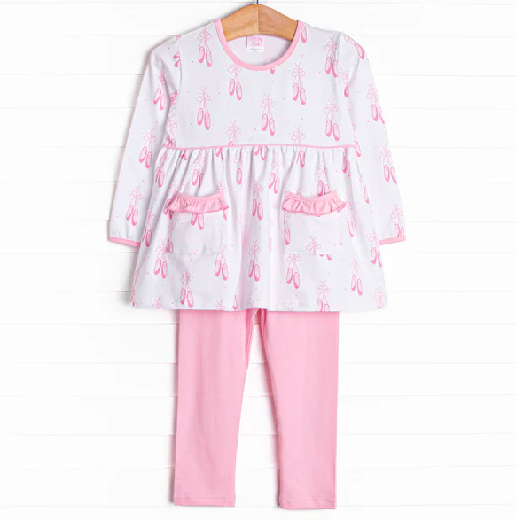 5.9 MOQ 5 Baby Girls Pink ballet shoe Tunic Top Leggings Set 5 MOQ Preorder