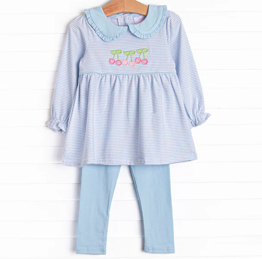 5.9 MOQ 5 Baby Girls Cherry Blue Striped Top Blue Leggings Set