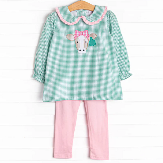5.9 MOQ 5 Baby Girls Cow Green Gingham Top Pink Leggings Set