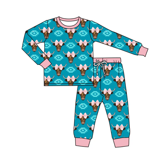 5.9 MOQ 5 Baby Girls Cow Pink Bow Two Piece Pajama Set