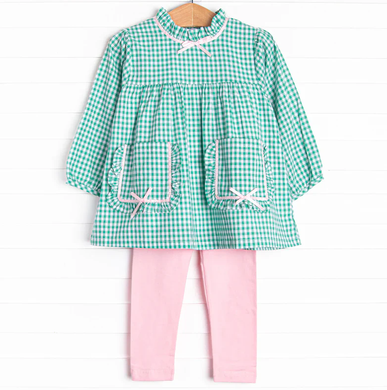 5.9 MOQ 5 Baby Girls Green Gingham Tunic Top Pink Leggings Set