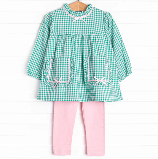 5.9 MOQ 5 Baby Girls Green Gingham Tunic Top Pink Leggings Set