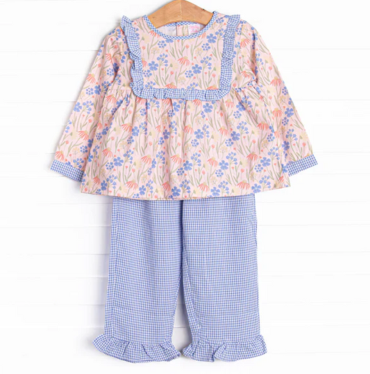 5.9 MOQ 5 Baby Girls Floral Tunic Top Blue Pants Set