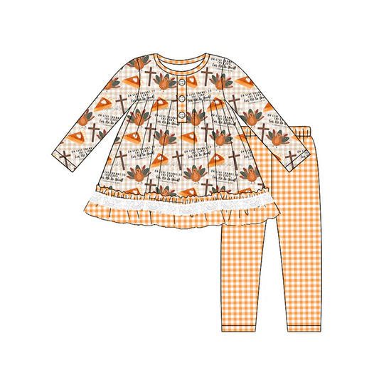 5.9 MOQ 5 Baby Girls Thanksgiving Turkey Top Orange Gingham Leggings Set