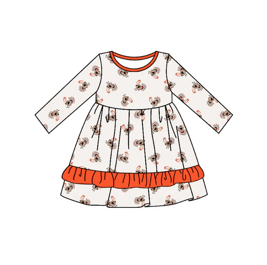 5.10 Preorder moq 5 Baby Girls Long Sleeves Turkey Plaid Ruffle Knee Length Dresses