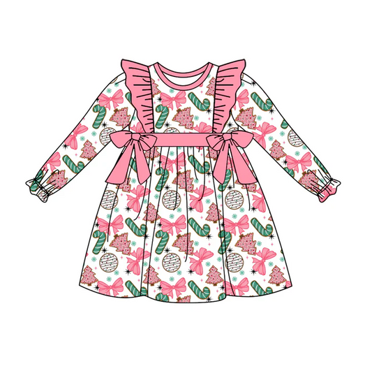 5.10 Preorder moq 5 Baby Girls Long Ruffle Sleeves Candy Cane Pink Bows Knee Length Dresses