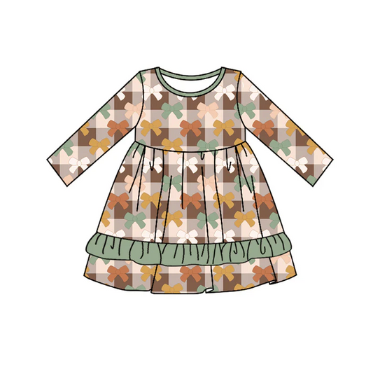 5.10 Preorder moq 5 Baby Girls Long Sleeves Brown Khaki Plaid Bows Ruffle Knee Length Dresses