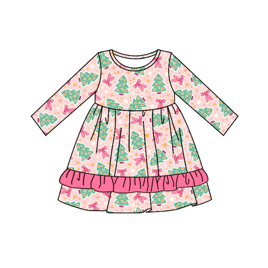 5.10 Preorder moq 5 Baby Girls Pink Long Sleeves Trees Bows Ruffle Knee Length Dresses