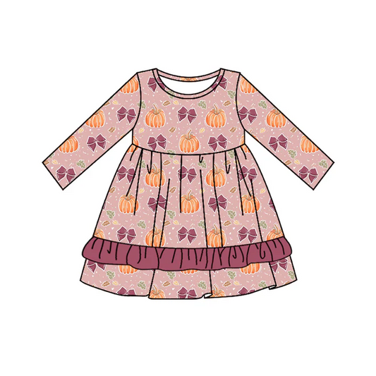 5.10 Preorder moq 5 Baby Girls Lavender Long Sleeves Bows Pumpkins Ruffle Knee Length Dresses