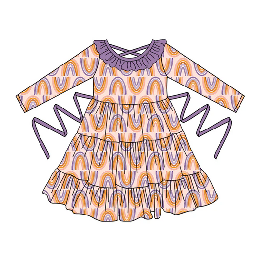 5.10 Preorder moq 5 Baby Girls Long Sleeves Colorful Rainbows With Belt Ruffle Knee Length Dresses