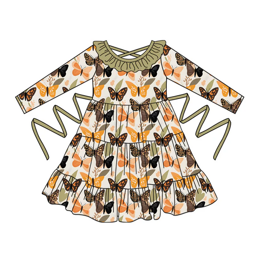 5.10 Preorder moq 5 Baby Girls Long Sleeves Colorful Butterfly With Belt Ruffle Knee Length Dresses