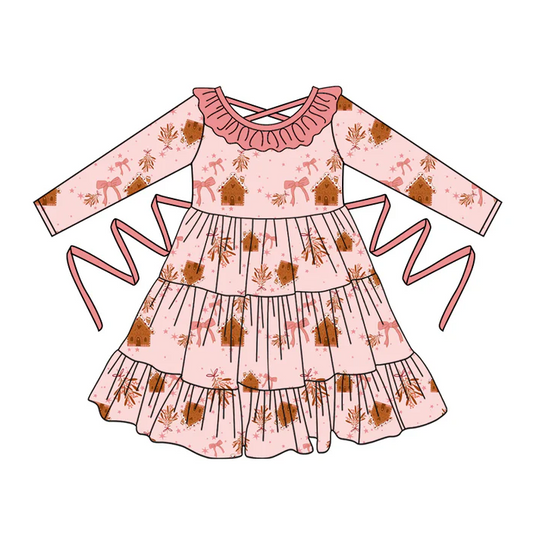 5.10 Preorder moq 5 Baby Girls Pink Long Sleeves Bows Houses With Belt Ruffle Knee Length Dresses