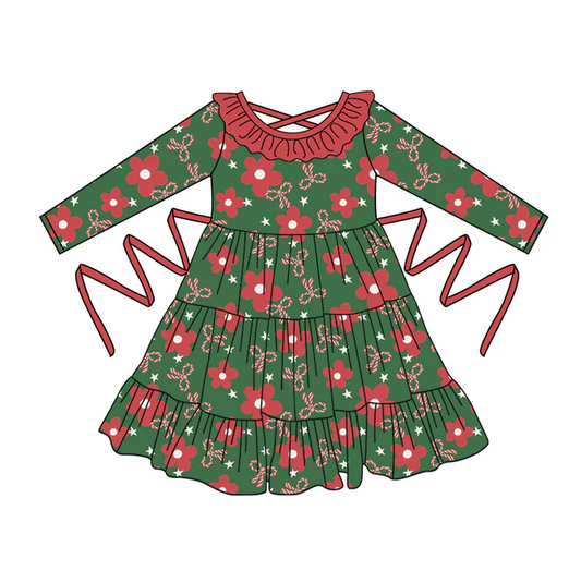 5.10 Preorder moq 5 Baby Girls Dark Green Long Sleeves Bows Flowers With Belt Ruffle Knee Length Dresses