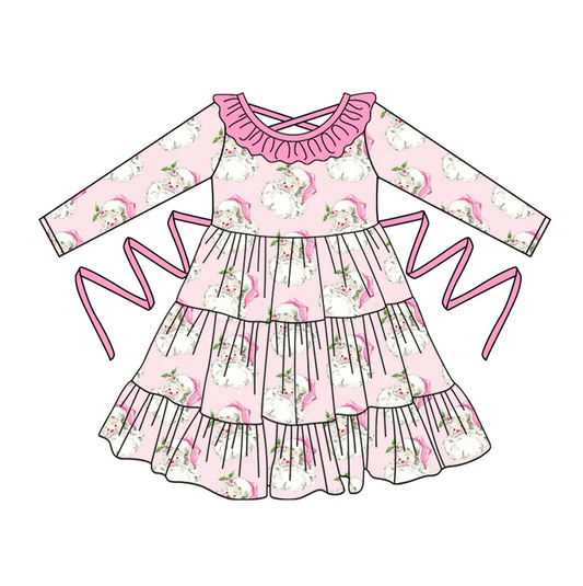 5.10 Preorder moq 5 Baby Girls Pink Long Sleeves Santa With Belt Ruffle Knee Length Dresses