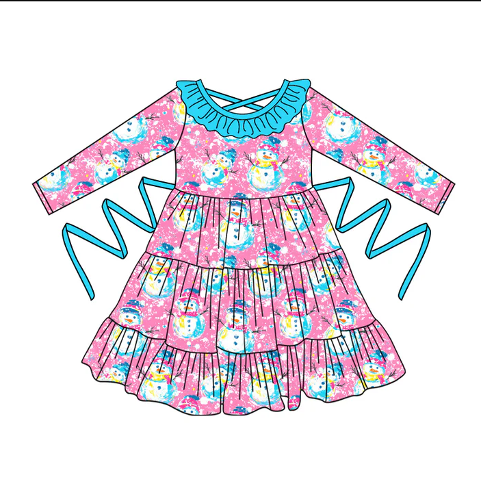 5.10 Preorder moq 5 Baby Girls Pink Long Sleeves Snowmen With Belt Ruffle Knee Length Dresses