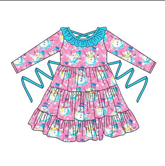 5.10 Preorder moq 5 Baby Girls Pink Long Sleeves Snowmen With Belt Ruffle Knee Length Dresses