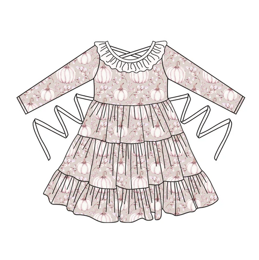 5.10 Preorder moq 5 Baby Girls Creamy White Long Sleeves Leaves Pumpkins With Belt Ruffle Knee Length Dresses
