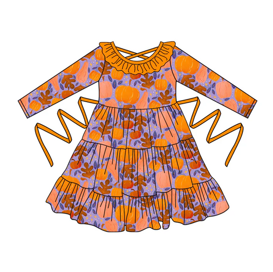 5.10 Preorder moq 5 Baby Girls Orange Long Sleeves Leaves Pumpkins With Belt Ruffle Knee Length Dresses
